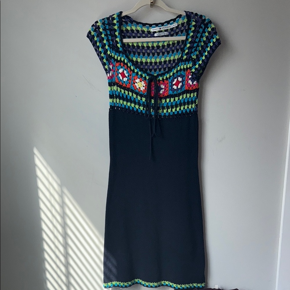 Tommy Hilfiger Navy and Multicolor Crochet Midi Dress